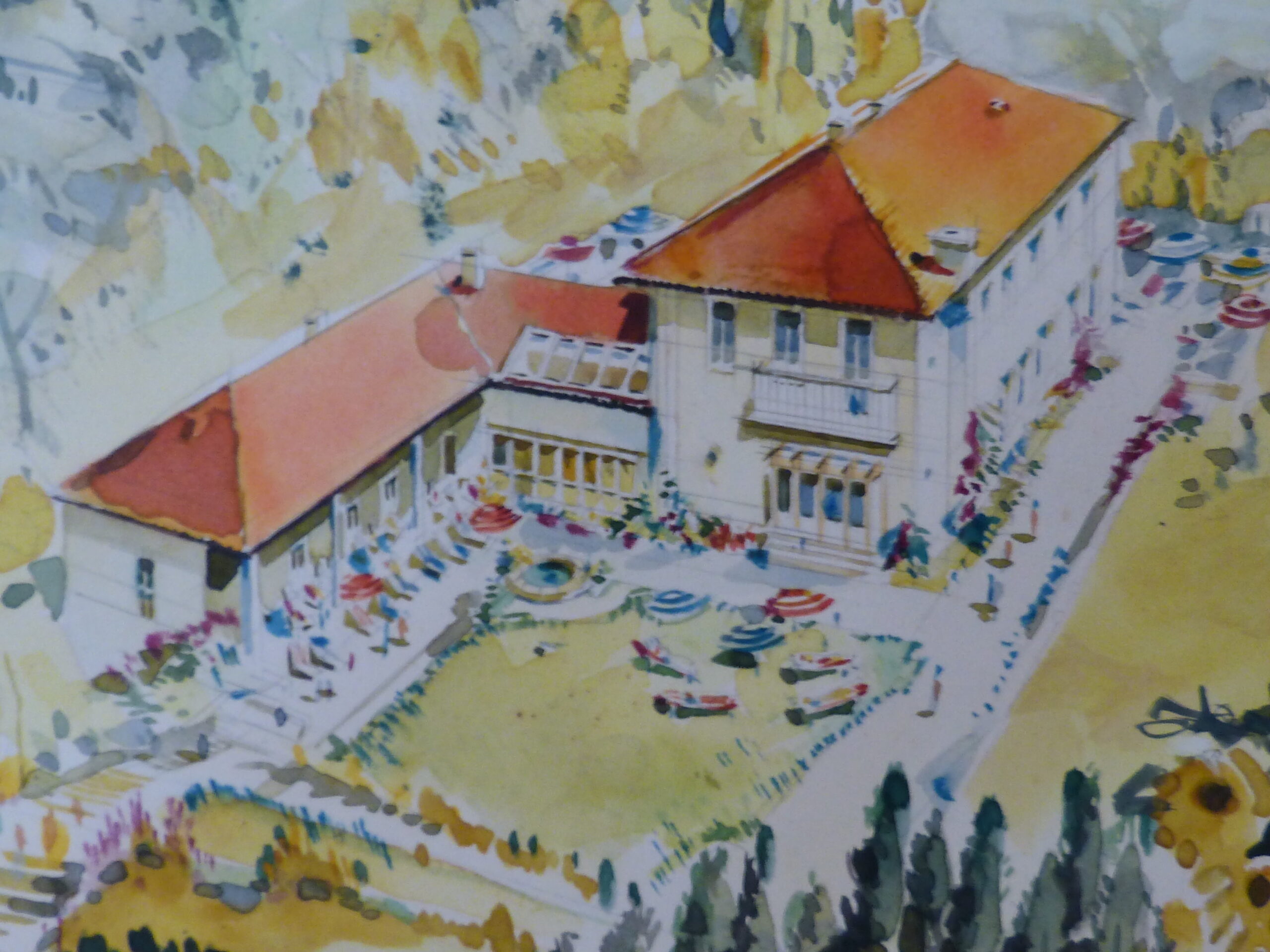 Gemaltes historisches Bild vom Haus Irmgard, welches auf dem Gelände der Klinik Wartenberg steht.