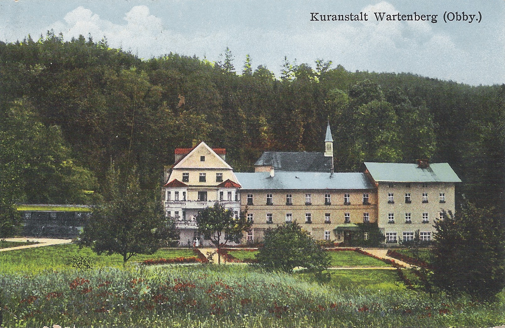 Historische Aufnahme einer Postkarte vom Altgebäude der Klinik Wartenberg. Im Hintergrund erkennt man die alte Bründlkirche, die heute nicht mehr existiert. Die Klinik ist - wie auch heute noch - umgeben von grünen Bäumen, Sträuchern und Wiesen.