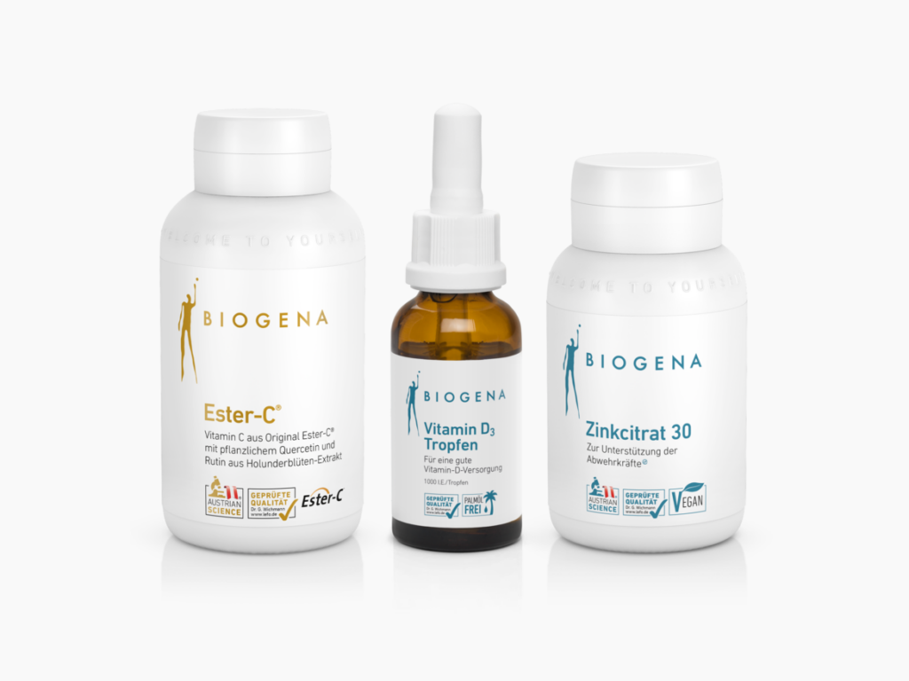 Bild von 3 Biogena Produkten: Ester-C, Vitamin D3 Tropfen und Zinkcitrat 30