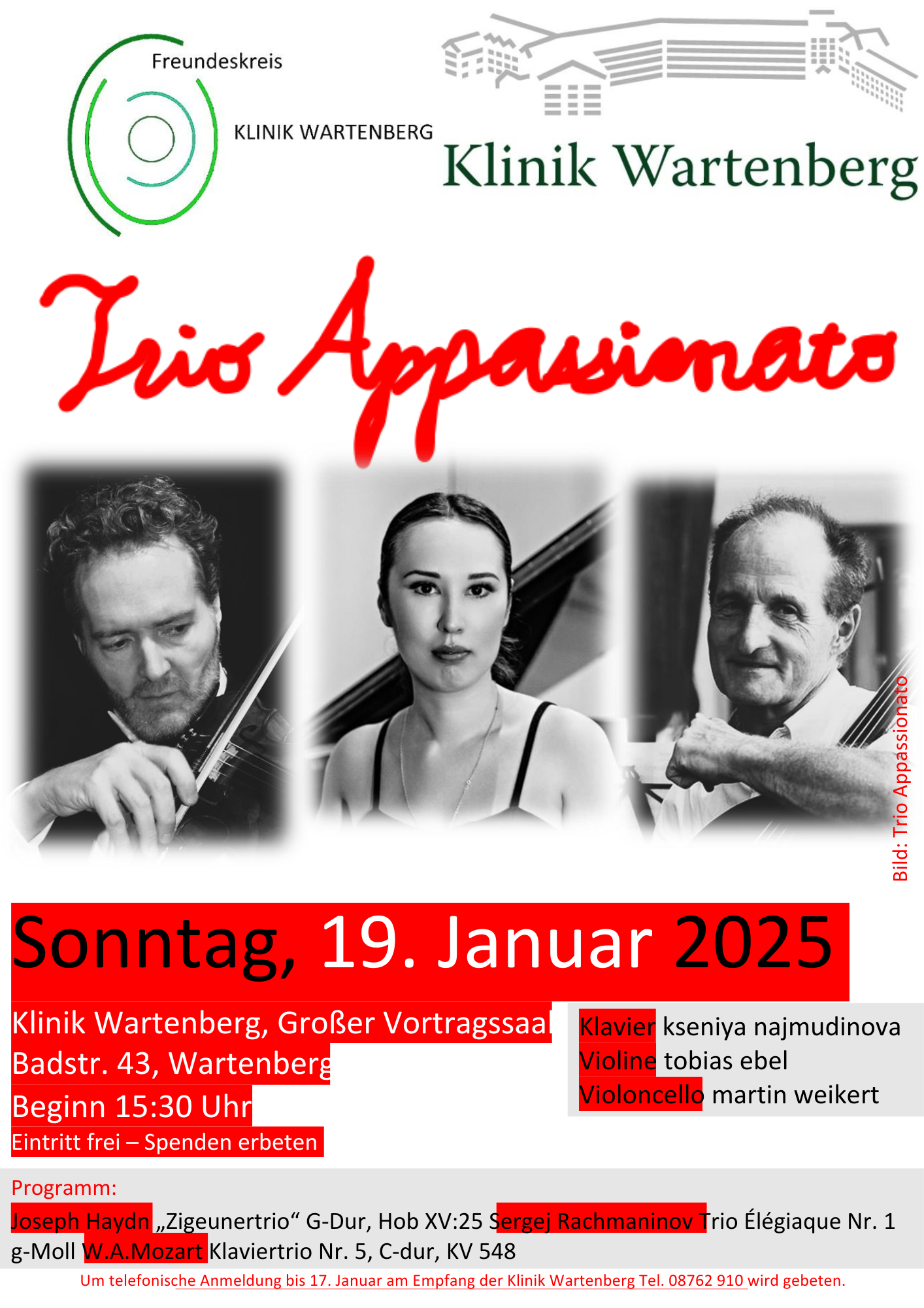 Flyer eines Konzertes "Trio Appassionato" am Sonntag den 19. Januar 2025 um 15:30 Uhr in dem großen Vortragssaal der Klinik Wartenberg.