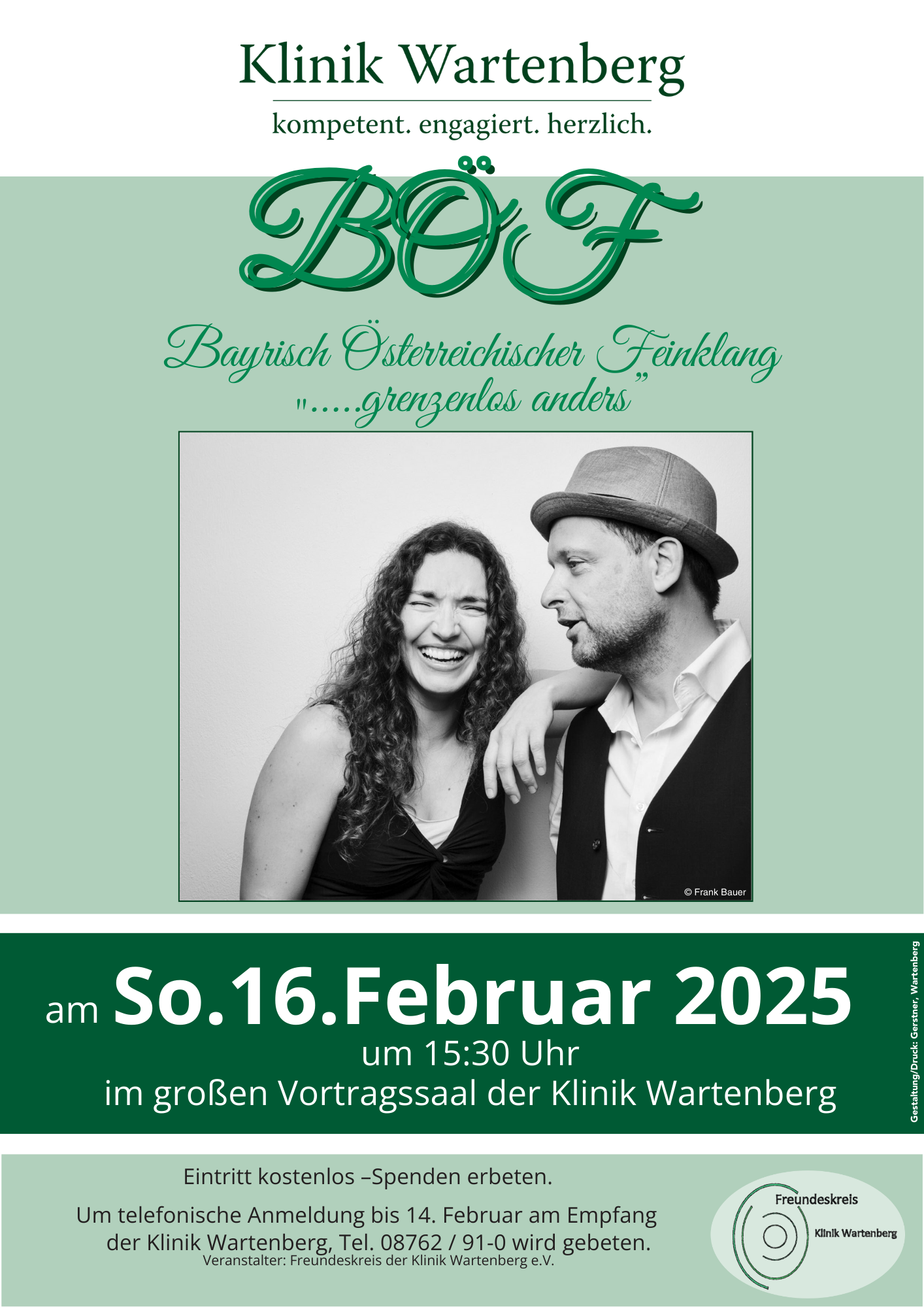 Flyer der Veranstaltung: Bayerisch Österreichischer Feinklang "grenzenlos andes" am 16. Februar 2025 um 15:30 Uhr im großen Vortragssaal der Klinik Wartenberg. Eintritt kostenlos. Bild von einer glücklichen Frau die ihren Arm auf der Schulter eines Mannes abstützt.