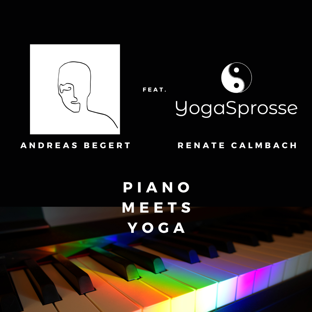 Flyer "Piano meets Yoga". Klavier mir Regenbogen belichtung und schwarzem Hintergrund.