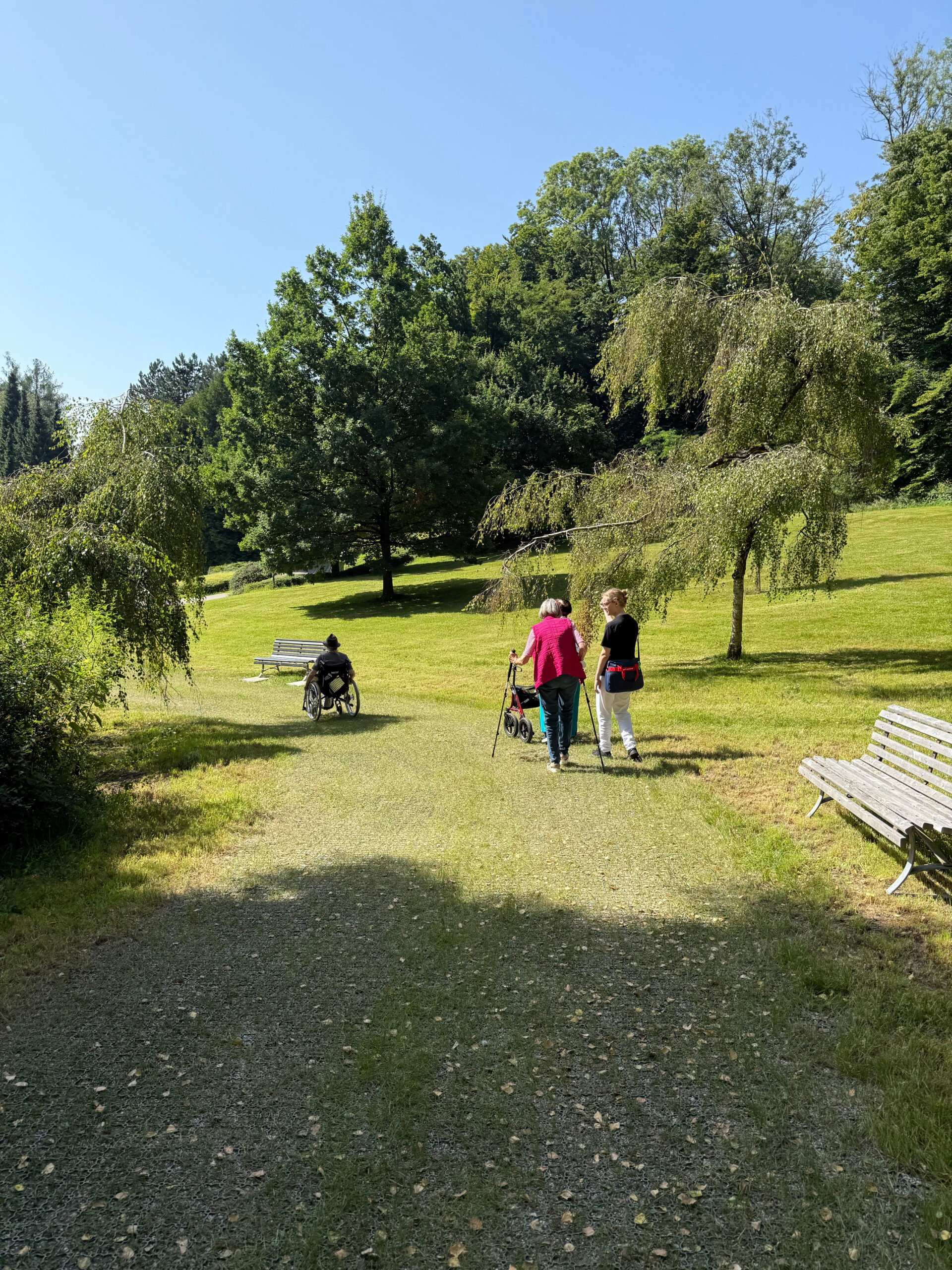 Patienntinnen gehen gemeinsam mit der Therapeutin den Waldtherapiepfad hinunter in Richting Klinik. Der Weg ist befestigt, rechts und links sieht man das grüne Gras und die Bäume. Am Wegesrand stehen zwei Bänke. Der Himmel ist blau und es sieht nach einem sommerlichen Tag aus.