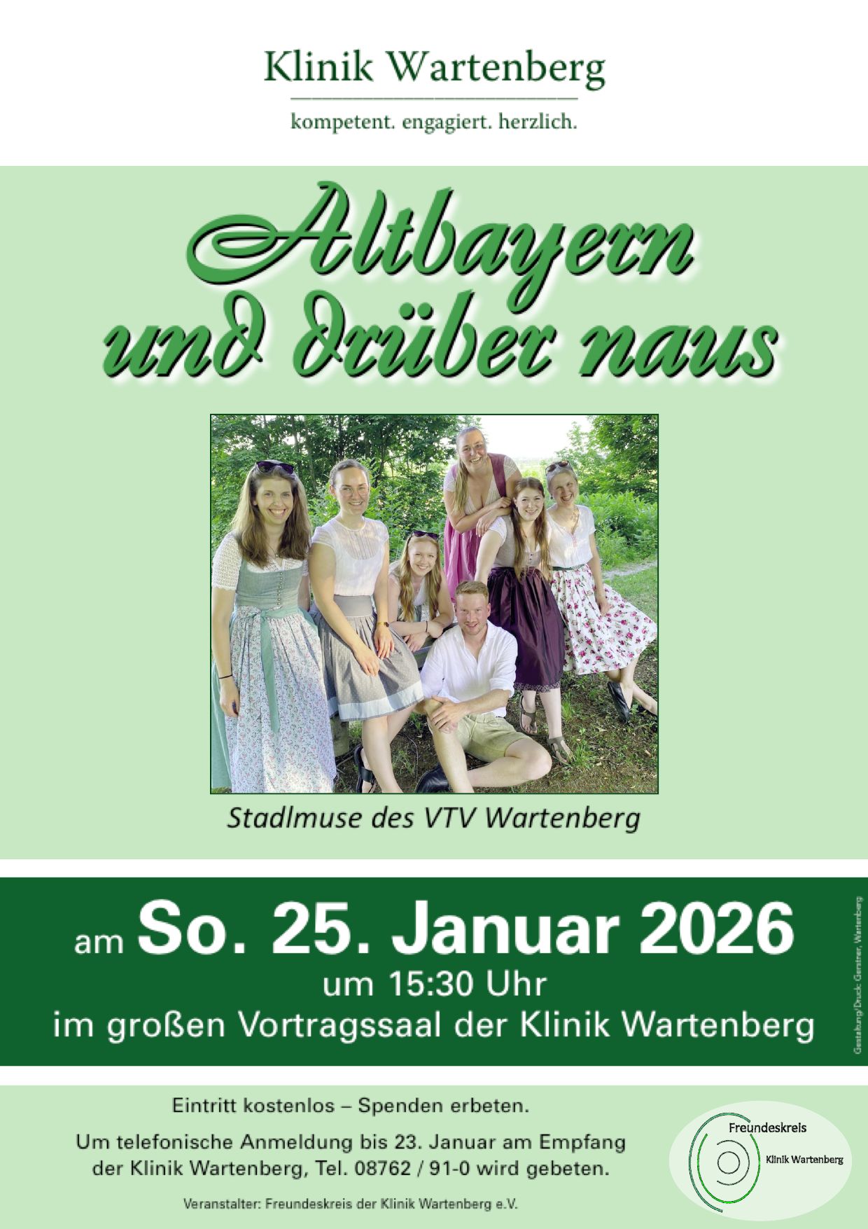 Plakat Konzert Altbayern und drüber naus am Sonntag, den 25. Januar 2026, im großen Vortragssaal der Klinik Wartenberg.