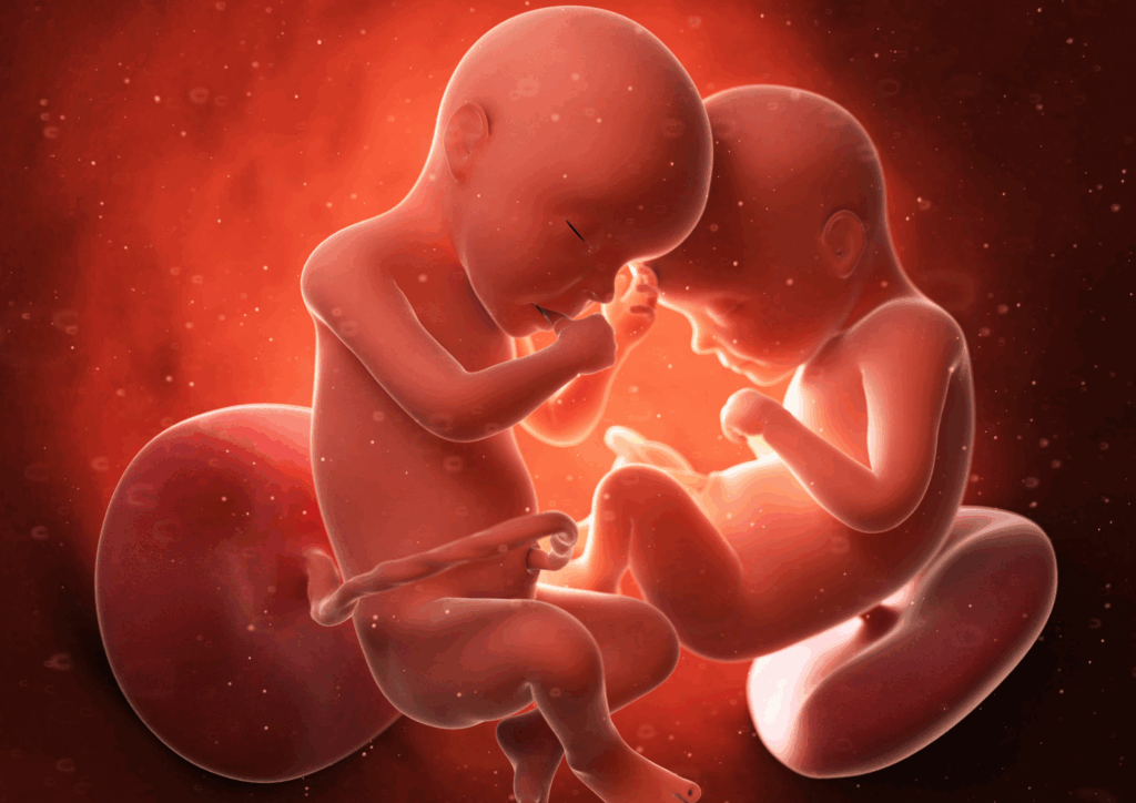 Animation von zwei Embryos mit Plazenten im Mutterleib