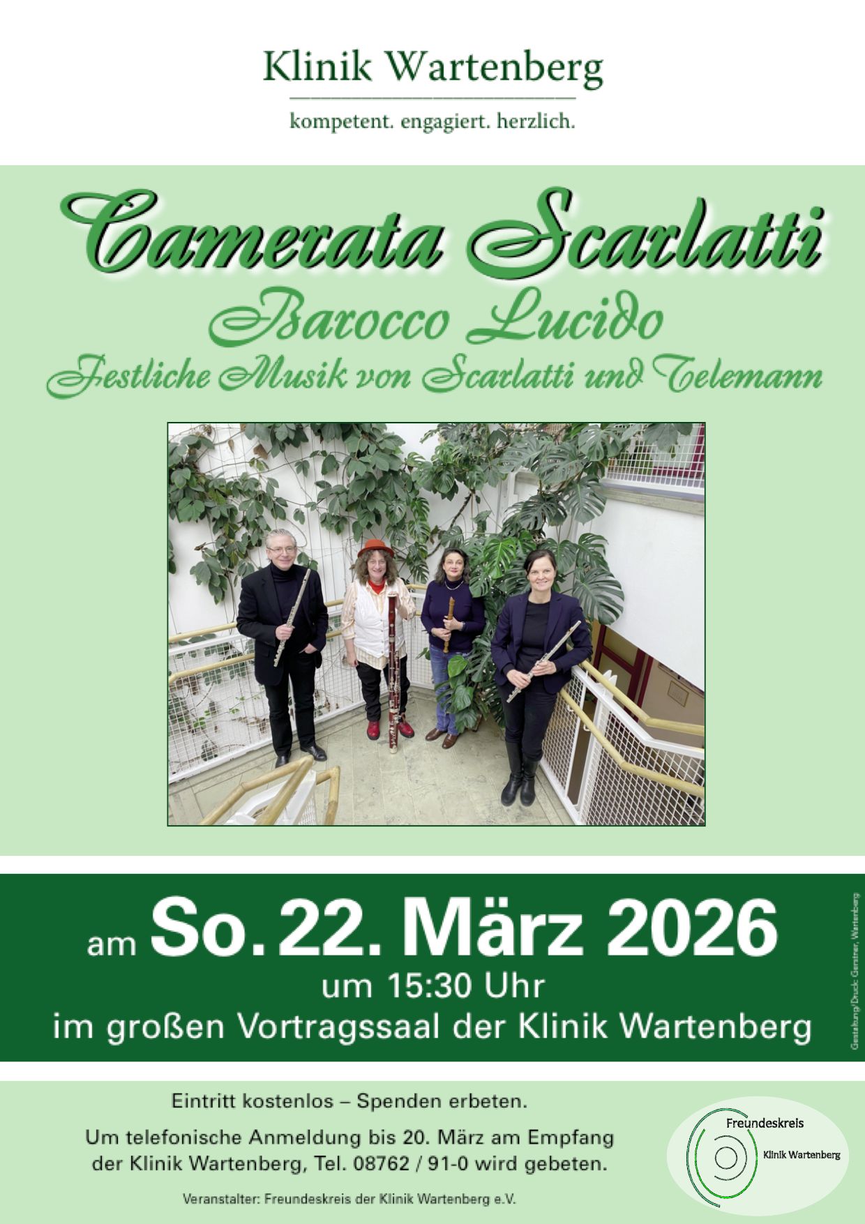 Plakat vom Konzert Camerata Scarlatti Barocco Lucido Festliche Musik von Scarlatti und Telemann Am Sonntag, den 22. März 2026, um 15:30 Uhr im großen Vortragssaal der Klinik Wartenberg. Eintritt kostenlos - Spenden erbeten.