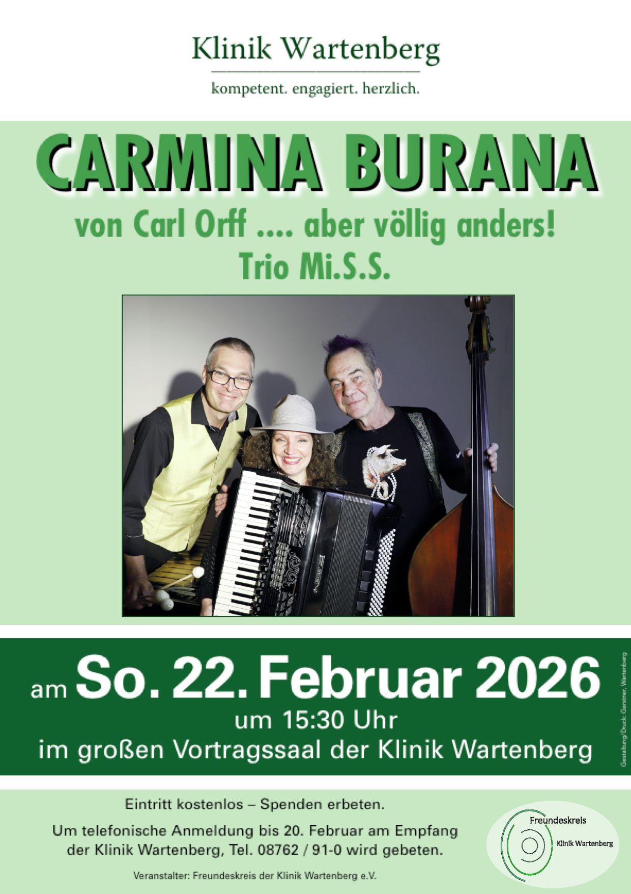 Plakat Konzert Carmina Burana von Carl Orff... aber völlig anders! Trio Mi.S.S. am Sonntag 22. Februar 2026 um 15:30 Uhr in der Klinik Wartenberg