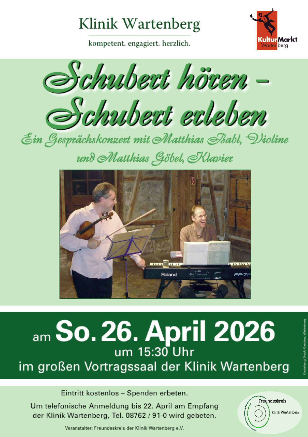 Plakat vom Konzert Schubert hören - Schubert erleben. Ein Gesprächskonzert mit Matthias Babl, Violine und Matthias Göbel, Klavier Am Sonntag, den 26. April 2026, um 15:30 Uhr im großen Vortragssaal der Klinik Wartenberg. Eintritt kostenlos - Spenden erbeten.