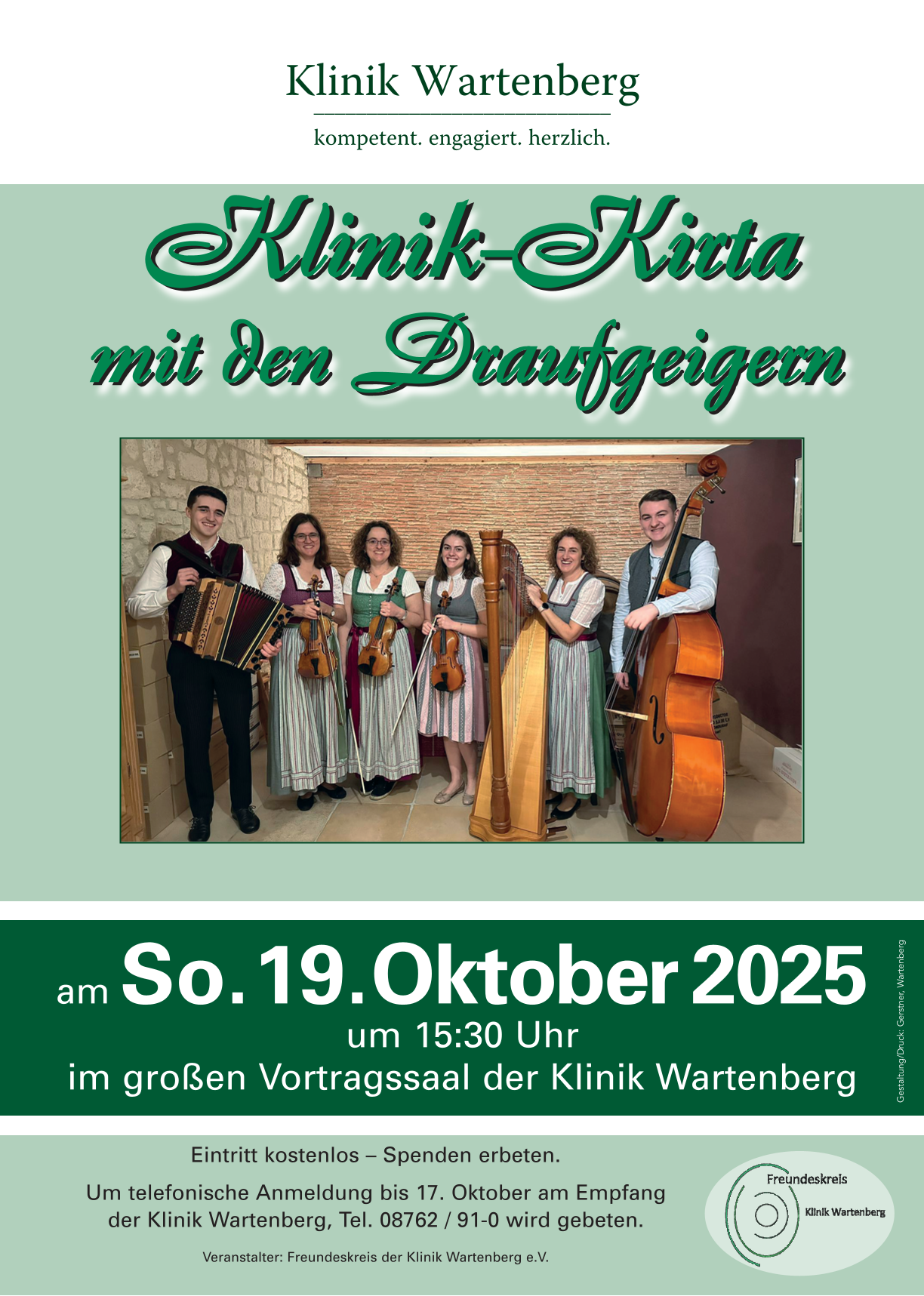 Flyer Konzert Klinik-Kirta mit den Draufeigern, Foto der Draufgeiger mit Instrumenten, am 19.10.2025